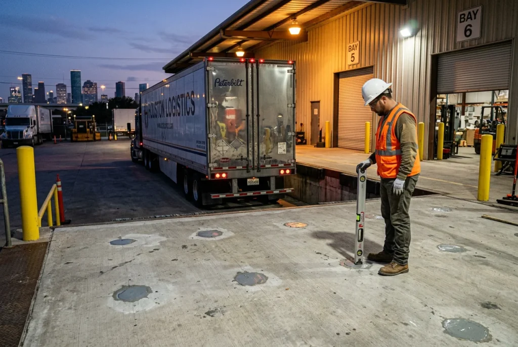 Restored Houston commercial loading dock after polyurethane concrete lifting with technician verifying level and semi-truck at bay