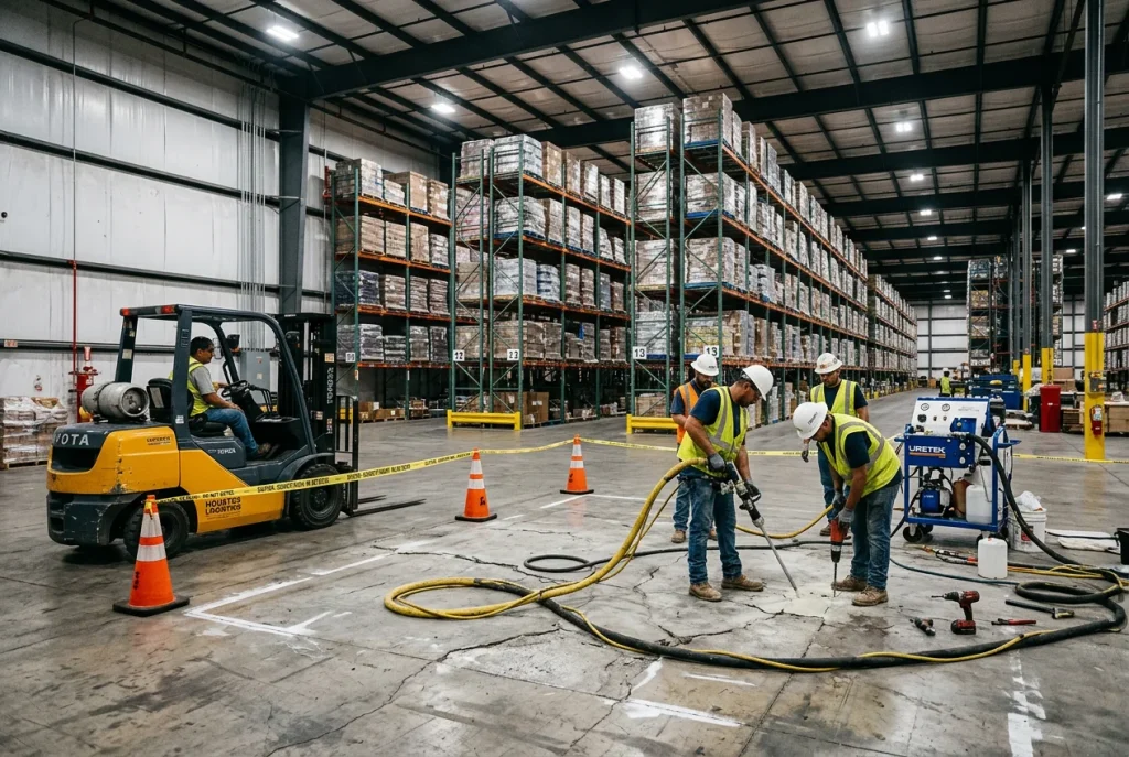 Polyurethane concrete lifting crew repairing settled warehouse floor near racking systems in Houston distribution center