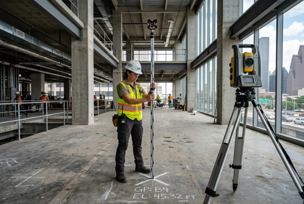 Digital elevation survey being conducted inside a Houston commercial building for foundation repair assessment