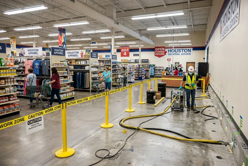 Phased foundation repair inside a Houston retail space with injection ports visible and adjacent area remaining open