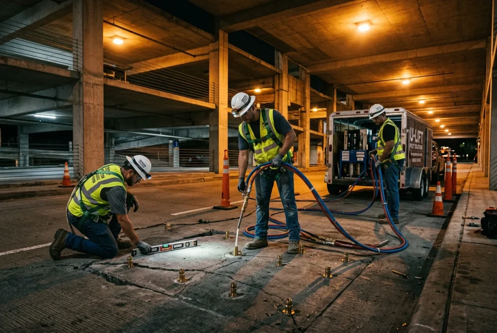 Polyurethane concrete lifting operation at Houston commercial parking structure with technician monitoring slab elevation after hours
