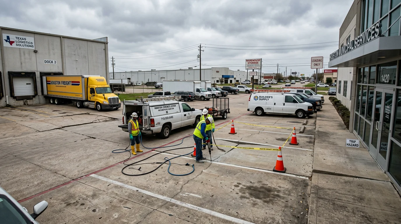Three concrete surface types requiring polyurethane lifting at Houston commercial and municipal facilities — loading dock, parking lot, and municipal sidewalk