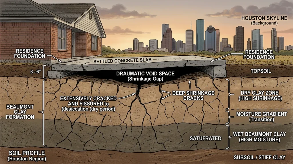 Deep desiccation cracks in Houston expansive clay soil next to a concrete slab edge during drought conditions