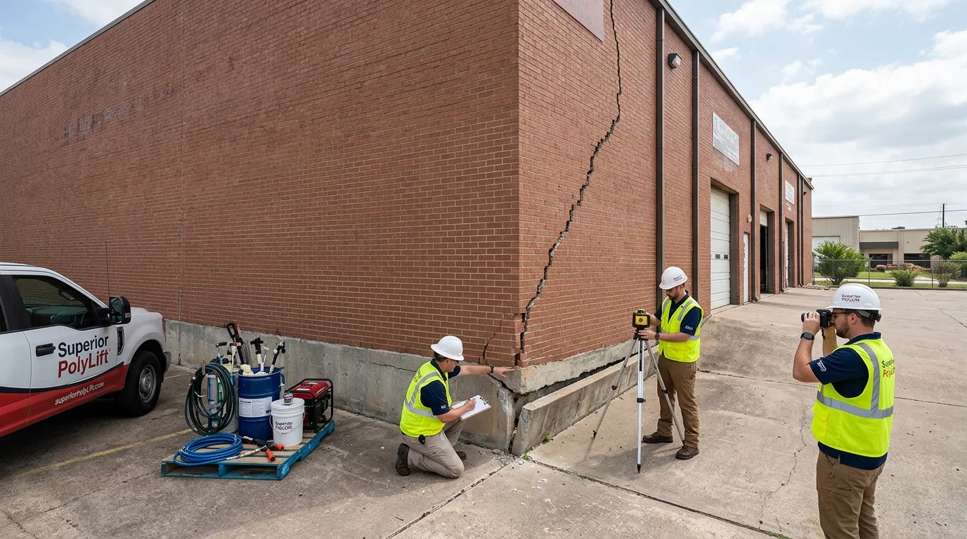 Commercial foundation settlement damage on a Houston warehouse with Superior PolyLift assessment team on site