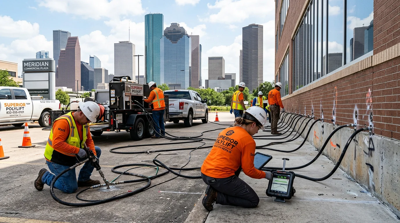 Superior PolyLift crew performing foam foundation repair on a Houston commercial building with monitoring equipment