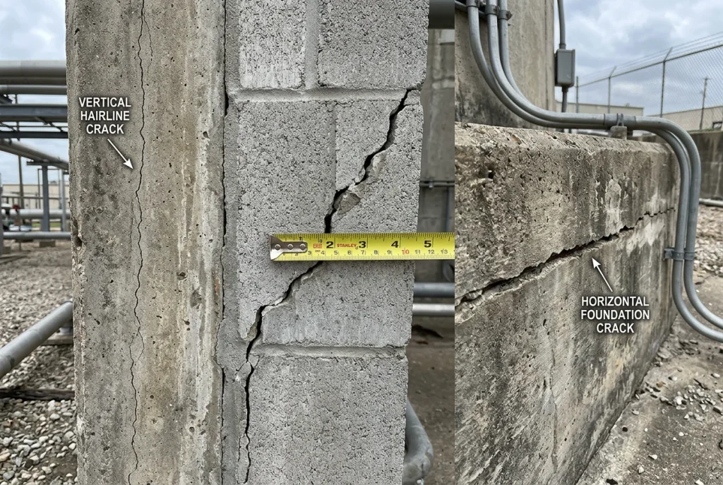 Three foundation crack types on a Houston commercial concrete structure — vertical hairline, diagonal stair-step through masonry joints, and horizontal below-grade — with scale reference