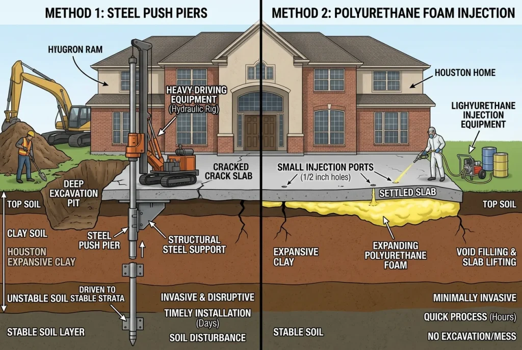 Side-by-side comparison of traditional pier foundation repair versus polyurethane foam injection method
