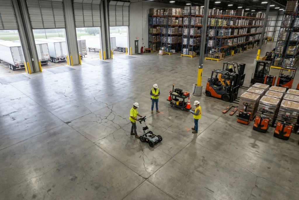 Geotechnical crew performing GPR ground-penetrating radar scan on settled concrete slab at Houston commercial warehouse to identify subsurface voids
