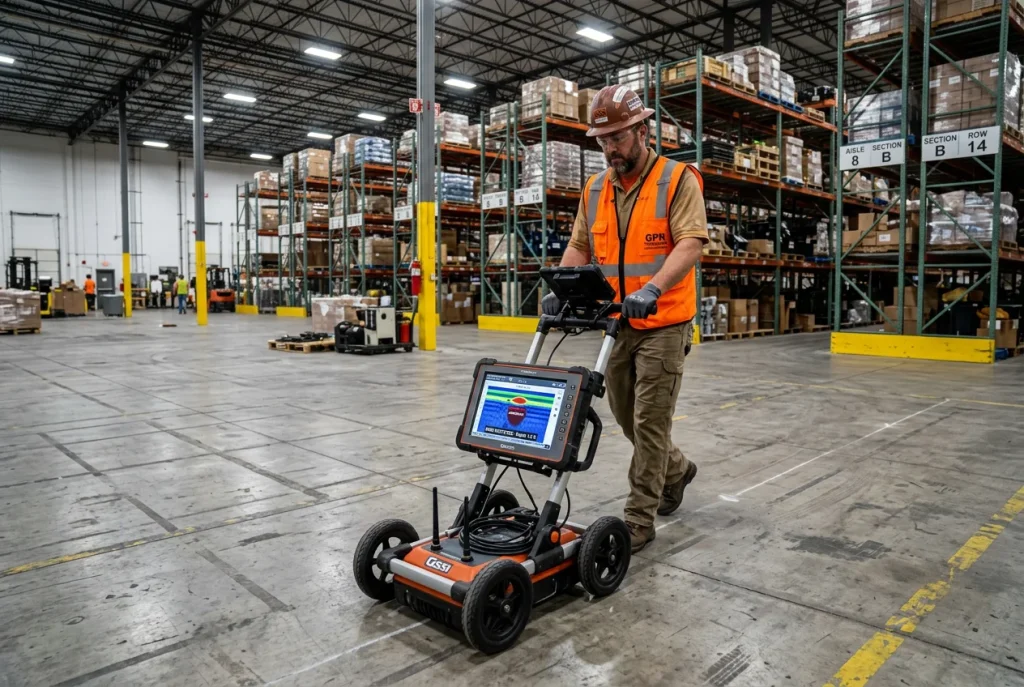 GPR technician scanning a Houston warehouse floor for subsurface voids with radar display showing void indications