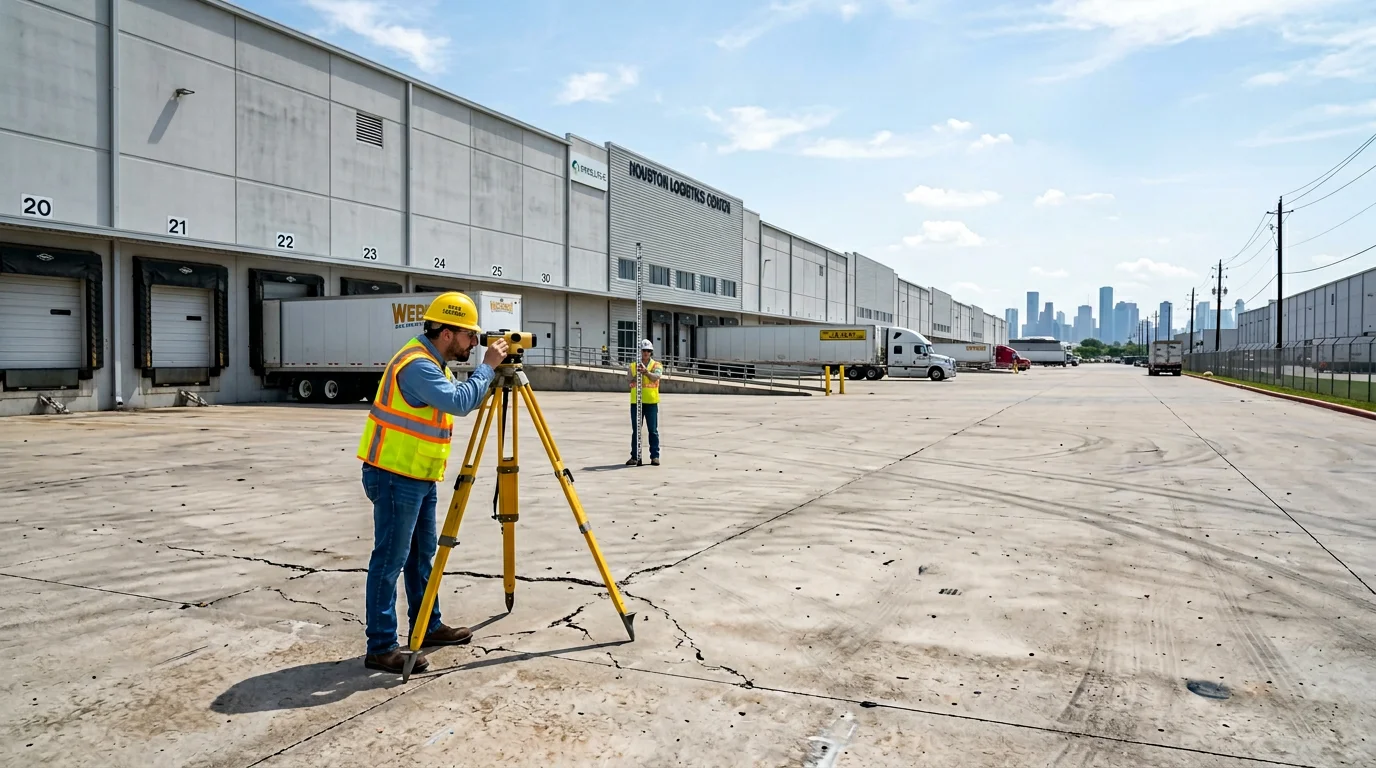 Field engineer conducting elevation survey at Houston industrial facility concrete slab apron prior to foundation stabilization work