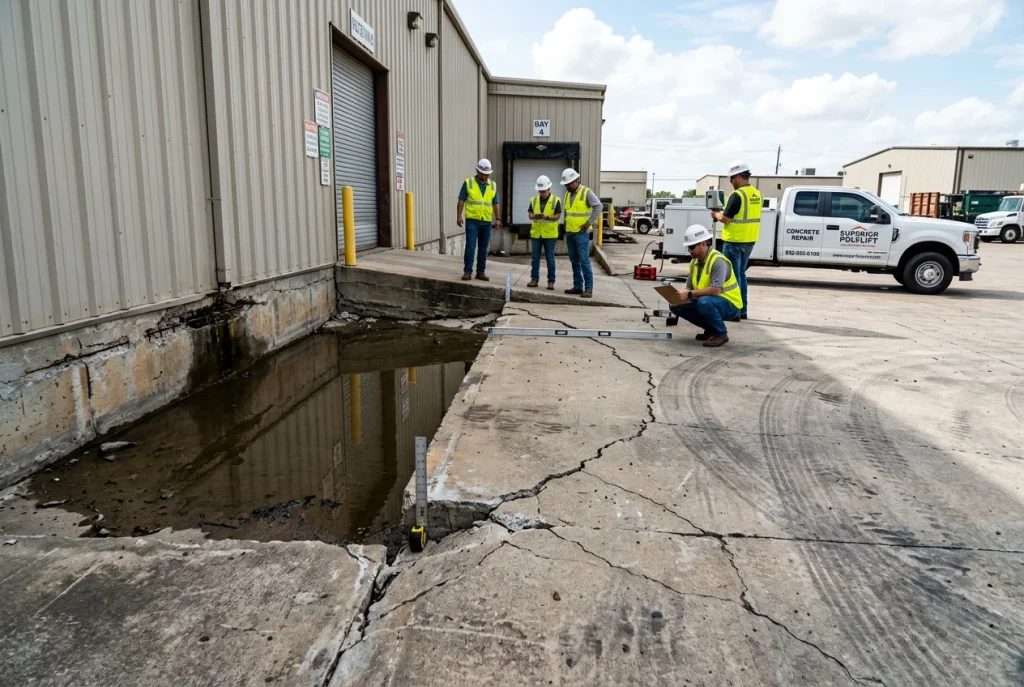 Concrete slab settlement at a Houston warehouse caused by expansive clay soil movement with standing water pooling