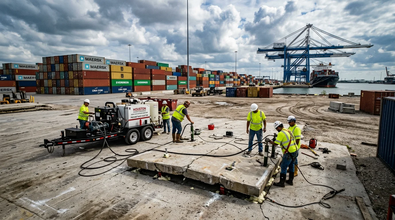 Commercial concrete lifting operation at a Houston port container yard with polyurethane injection equipment