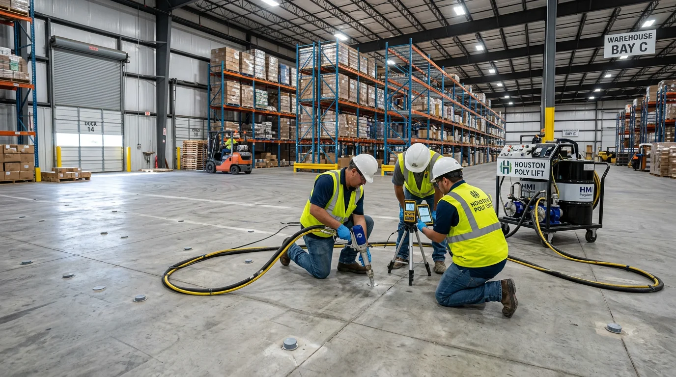 Professional polyurethane foam concrete lifting crew working on a Houston warehouse floor with injection equipment and leveling gauge