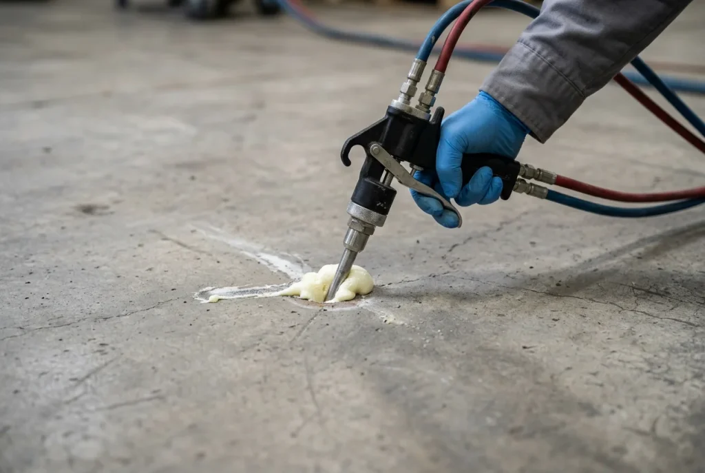 Close-up of polyurethane foam being injected through a 5/8-inch port into a concrete slab during lifting
