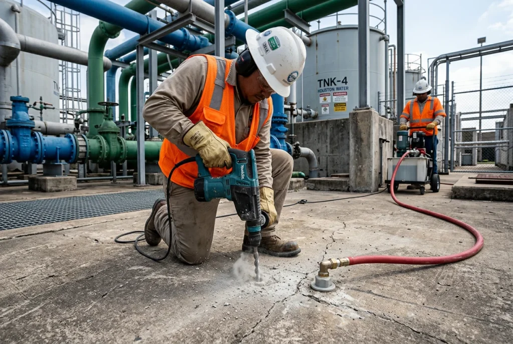 Polyurethane foam injection crew drilling injection port into settled concrete slab at Houston municipal water treatment facility