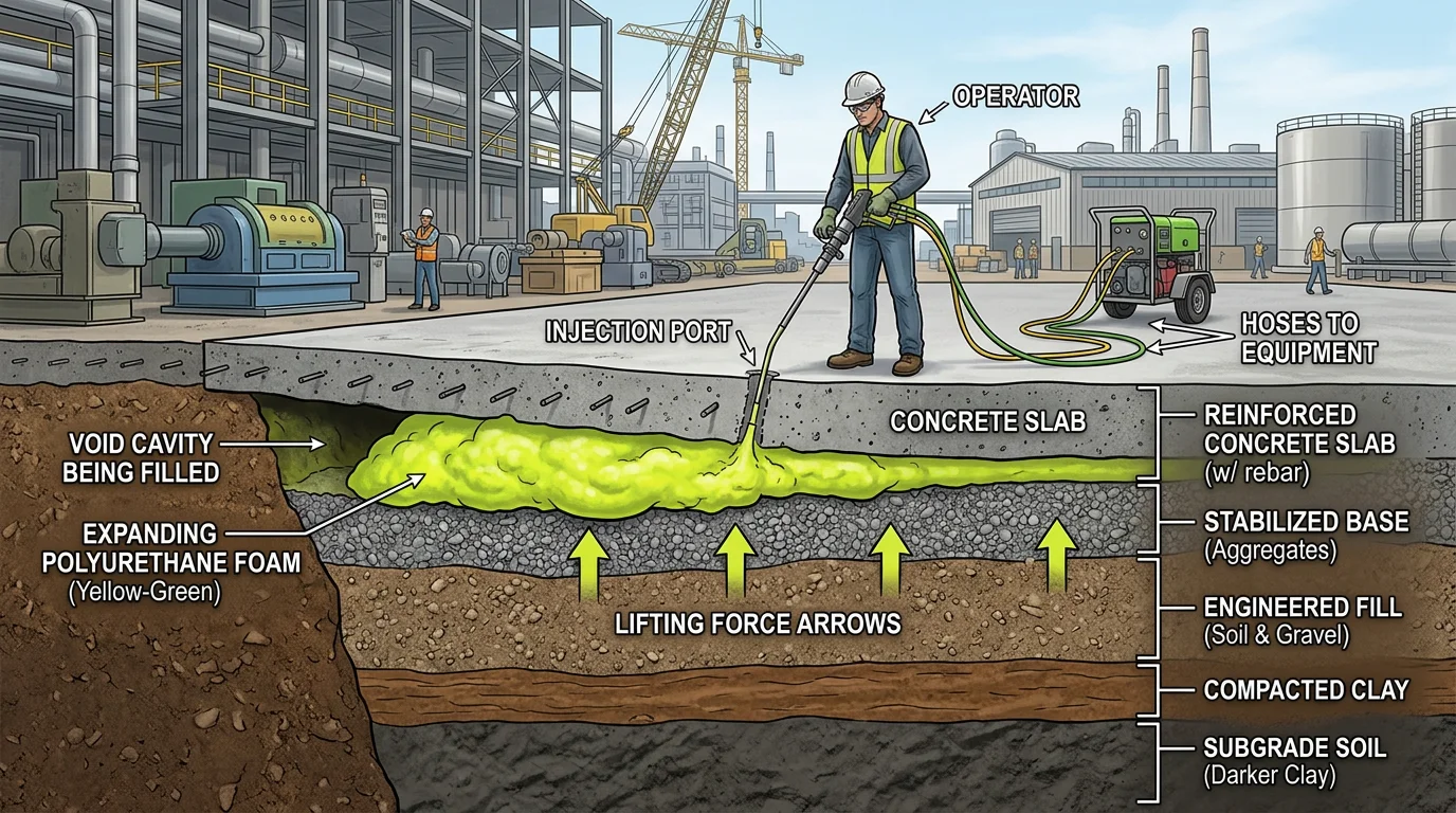 Cross-section showing polyurethane foam expanding to fill a void beneath a concrete slab during injection