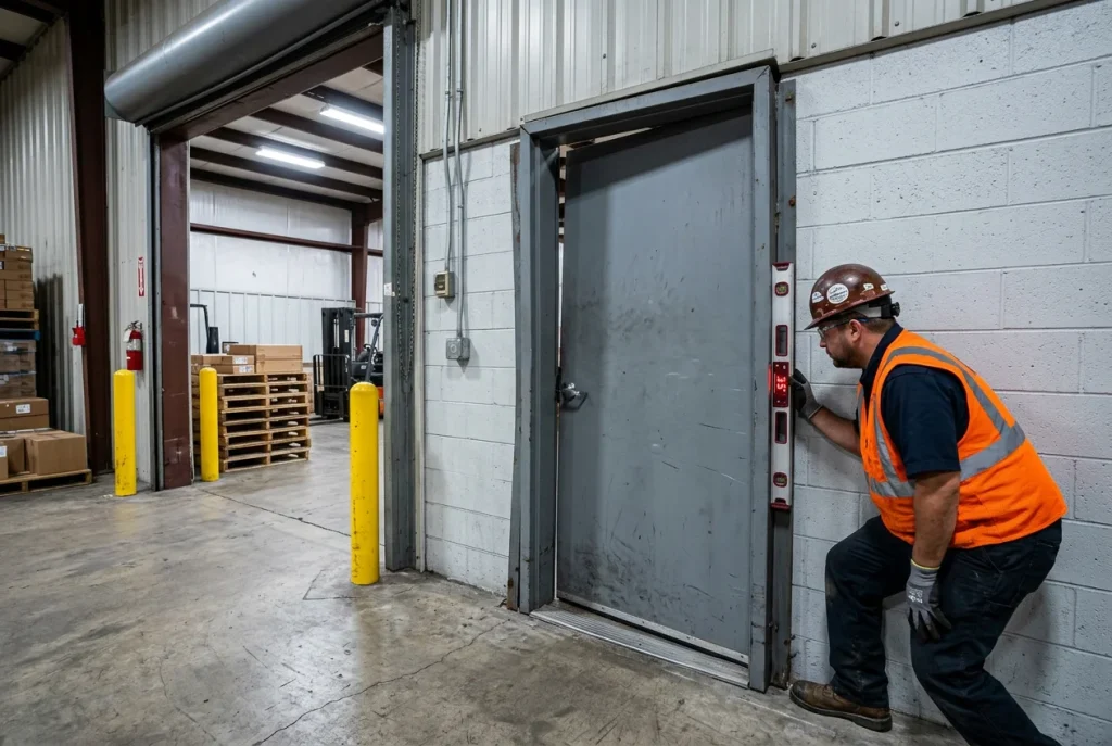 Racked commercial door frame showing foundation settlement deviation at Houston industrial facility, technician measuring with digital level