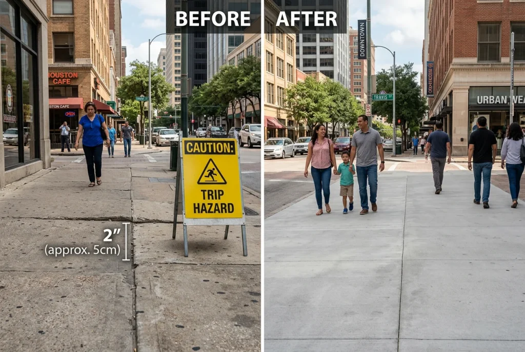 Before-and-after sidewalk concrete leveling eliminating a trip hazard at a Houston commercial property