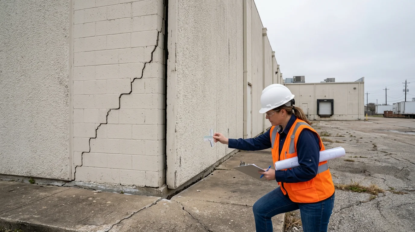 Structural engineer inspecting diagonal stair-step crack and foundation settlement signs on Houston commercial facility exterior