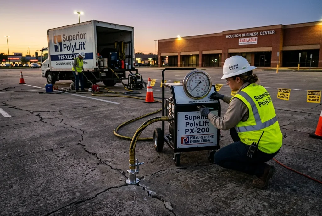 Polyurethane void filling operation beneath a Houston commercial parking lot with injection monitoring