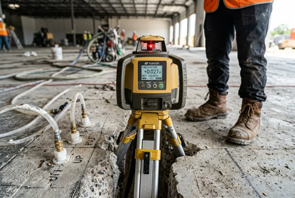 Laser level monitoring concrete elevation during commercial polyurethane lifting operation in Houston