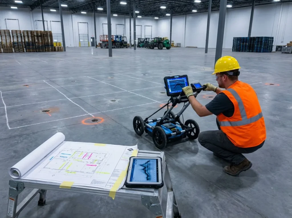 Technician operating a ground-penetrating radar unit on a commercial concrete slab during pre-lift void investigation with real-time subsurface data visible on the GPR display