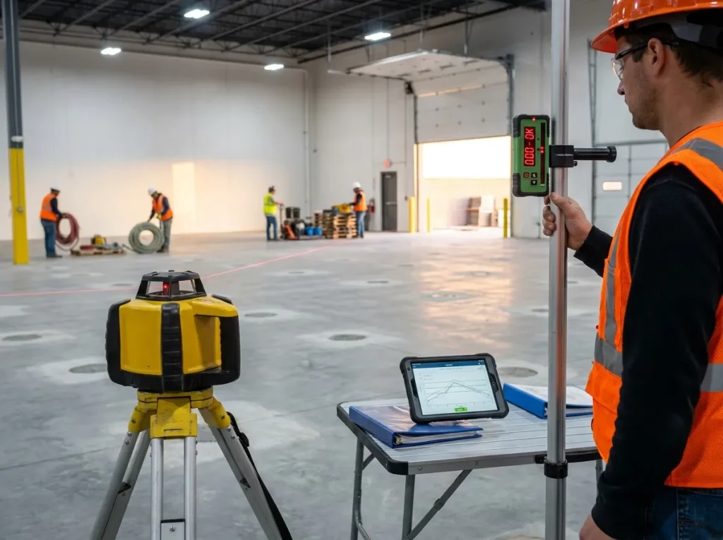 Technician conducting a final elevation survey with a rotary laser level and elevation rod on a completed polyurethane lifted slab, generating the post-lift verification record