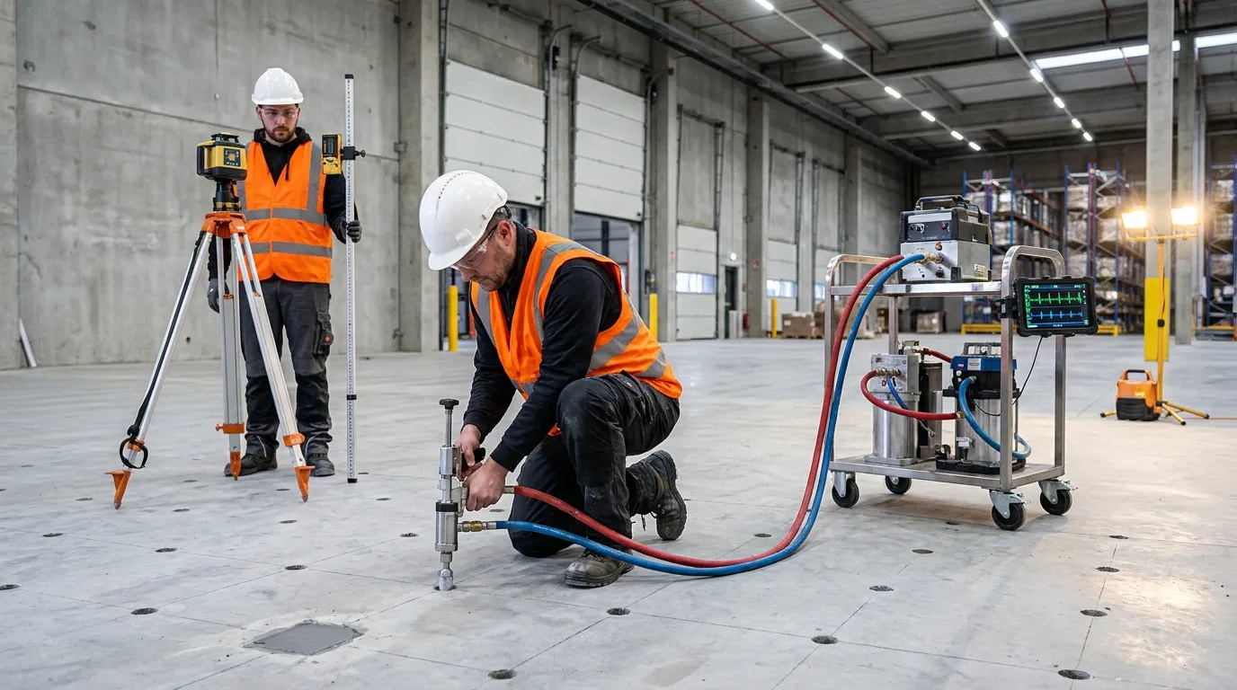 Polyurethane concrete lifting crew executing staged injection on a commercial slab with laser level monitoring and a grid of visible injection ports