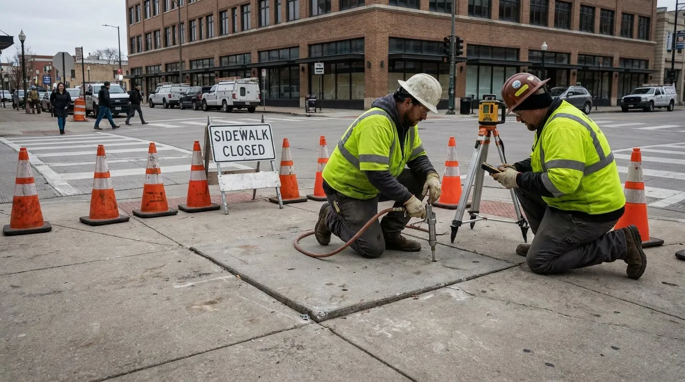 Municipal crew executing polyurethane injection on a public sidewalk panel with traffic control cones in place at a Houston urban intersection