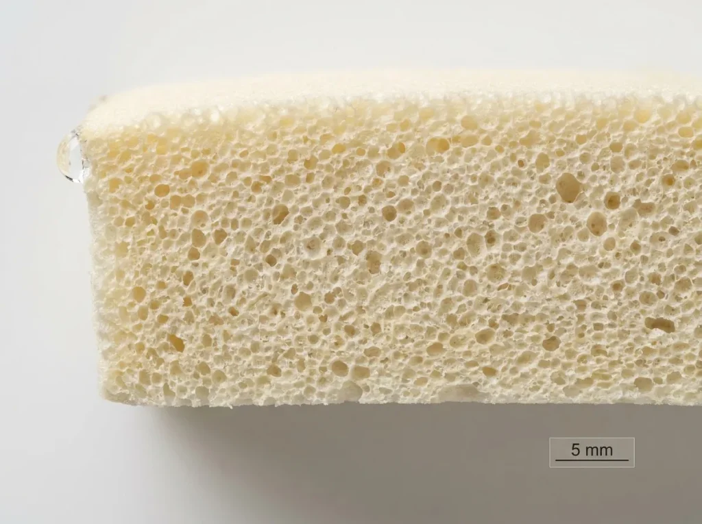 Macro cross-section of cured closed-cell polyurethane foam showing dense uniform cellular structure with sealed cell walls resistant to water absorption
