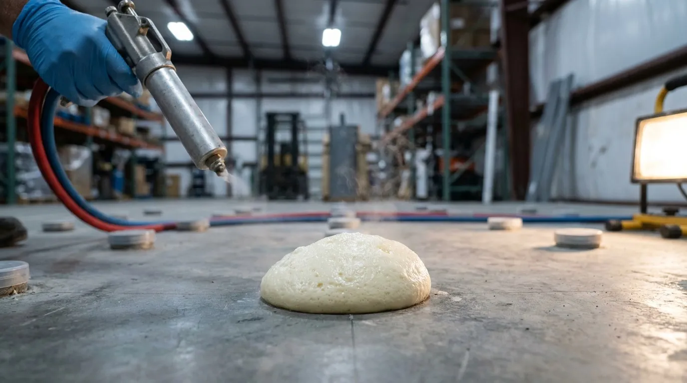 Two-component polyurethane resin reacting and expanding out of an injection port on an industrial concrete slab, showing the chemical expansion in real time