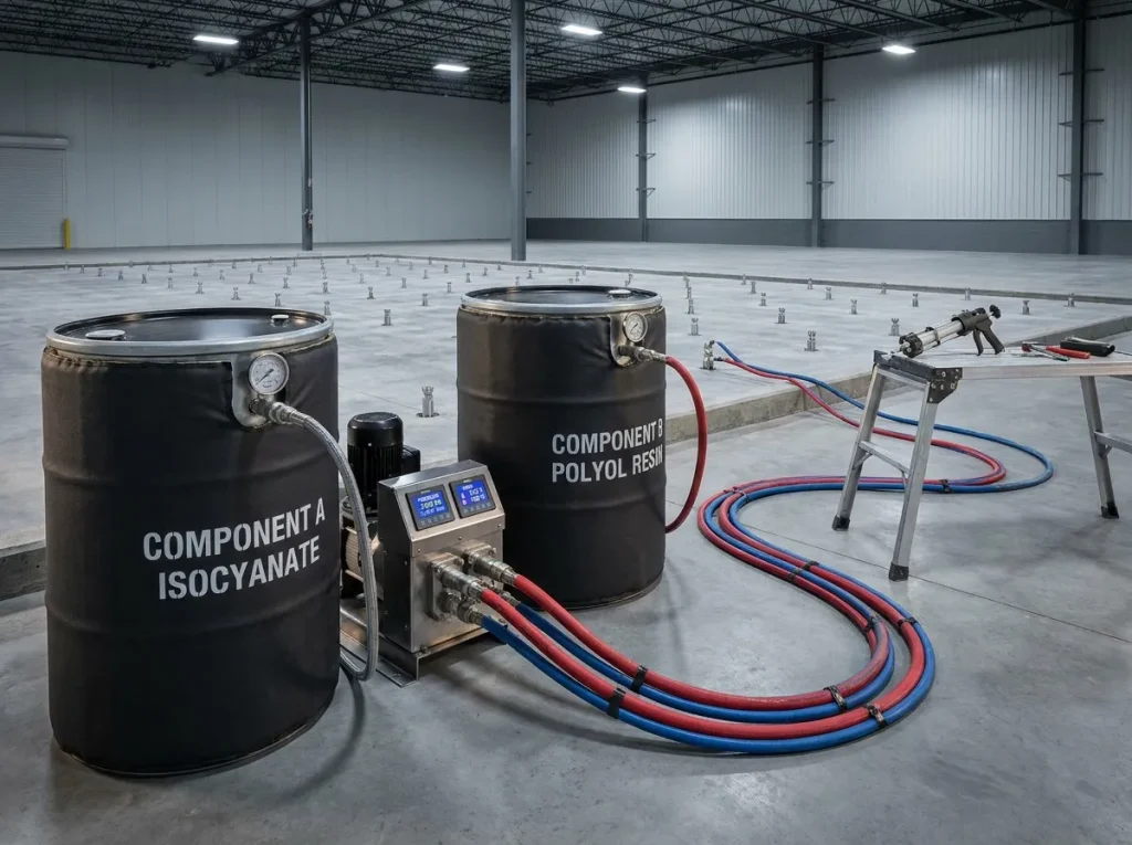 Side-by-side view of isocyanate and polyol component drums with heated hose packs feeding an injection gun, showing the two-part polyurethane system on a professional work setup