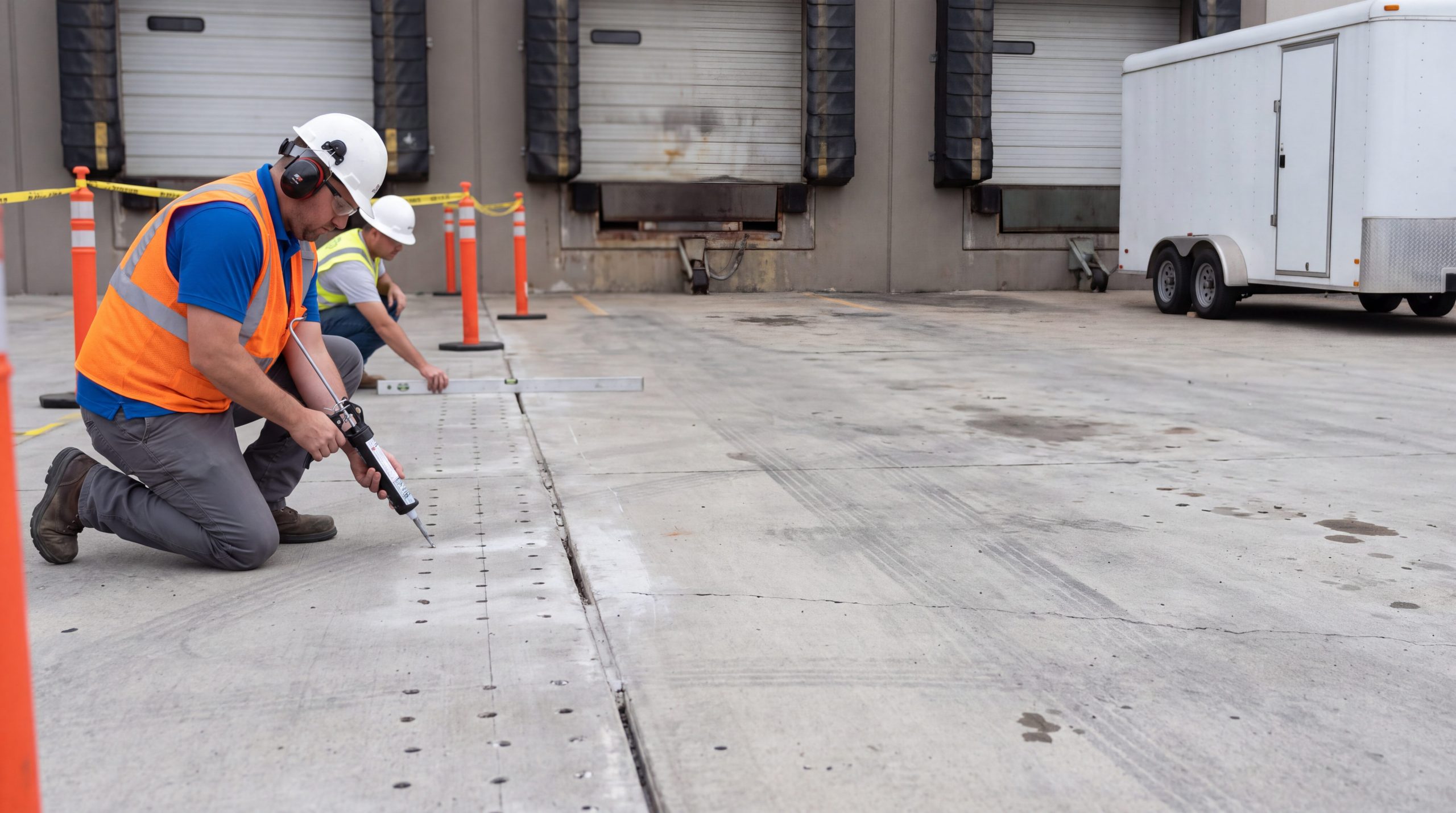 Crew preparing polyurethane foam concrete lifting at a settled loading dock apron joint on a commercial slab